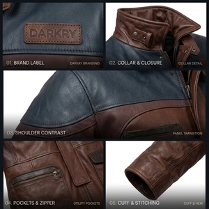 Manteau long en cuir véritable marron et bleu acier pour homme, avec poches contrastantes sur les épaules et col rabattable – Fournisseur B2B - Product Image 6