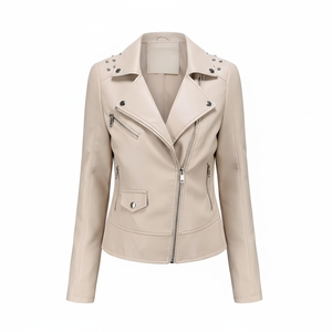 Veste en cuir rouge sur mesure pour femme, coupe ajustée, style motard, en similicuir PU, avec manches rayées, vêtement d'extérieur décontracté, manteau de motard pour l'automne - Product Image 4
