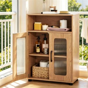 Luxury Modern Natural Engineered Wood Bathroom <b>Tall</b> <b>Storage</b> Cabinet Anti-Topping Open Compartment Magnetic Door MDF Material - Product Image 1