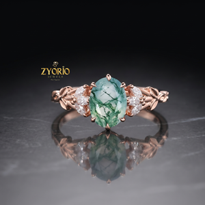 Anillo de Compromiso de Oro de 18K con Ágata Musgosa Ovalada, Anillo de Diamantes con Diseño de Hoja Inspirado en la Naturaleza para Mujer - Product Image 1
