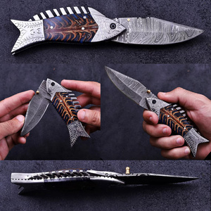 Couteau pliant artisanal en acier Damas, style poisson, lame utilitaire, pour la survie en plein air, le camping, avec étui en cuir - Product Image 6
