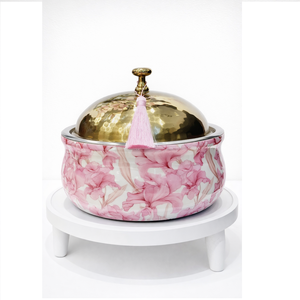 Plat de service isotherme double en acier inoxydable avec motif toile de Jouy bleu, design émaillé, antiadhésif et durable, pour maintenir les aliments au chaud - Product Image 1