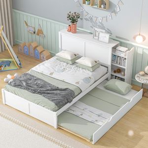 Letto a piattaforma bianco full size con contenitore, ripiani estraibili e letto estraibile singolo per bambini - Product Image 2