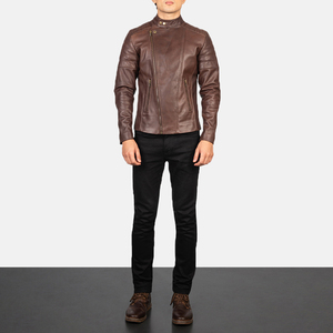 Men's Brown <b>Leather</b> Biker <b>Jacket</b> Stand Collar Zipper Closure Slim Fit Motorcycle Style Autumn Wear - Product Image 6