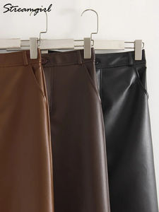 กระโปรงหนังยาวสำหรับผู้หญิง สีน้ำตาล คุณภาพสูง หนัง PU ทรงเข้ารูป ความยาวปานกลาง ผ่าหน้า เอวสูง กระโปรงหนังผู้หญิง สีดำ ความยาวปานกลาง - Product Image 6