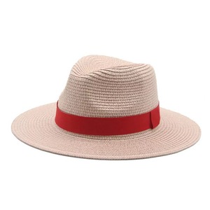 Pink Wide Brim Sun <b>Hat</b> With Red <b>Band</b> Unisex Casual Spring Summer Beach Wear Solid Color Polyester Non-Woven Style - Product Image 2