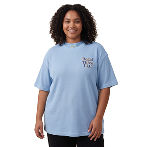 T-shirts en maille gaufrée brodés grande taille pour femmes, T-shirt gaufré à épaules tombantes grande taille pour femmes, T-shirts gaufrés à col rond pour femmes - Product Image 6