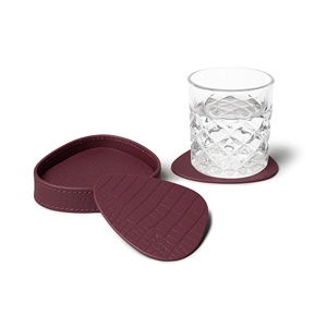 Ensemble de dessous-de-verre en cuir gaufré crocodile bordeaux, ovales, antidérapants, avec support, dessous-de-verre en cuir classique, set de dessous-de-verre en cuir. - Product Image 1