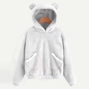 เสื้อฮู้ดขนแกะสีน้ำตาล มีหูหมีและกระเป๋าเสื้อ ทรงโอเวอร์ไซส์ ใส่ได้ทั้งชายและหญิง เสื้อโค้ทลำลองสำหรับฤดูหนาว เสื้อฮู้ดขนเฟอร์ - Product Image 4