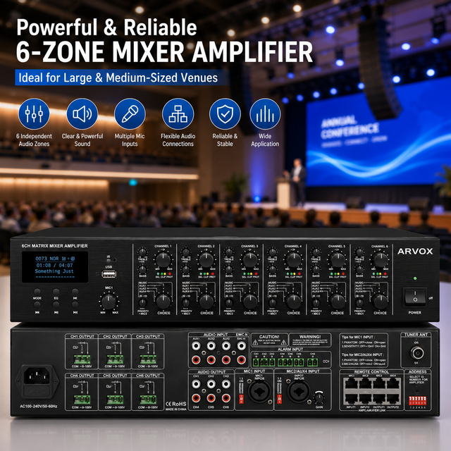 6 Channel 240W 100V Professional PA Power Amplifier Bluetooth Mixer  Public Address System Amplifier for School Hospital Church