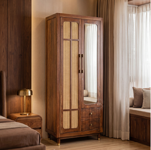 Armoire moderne à quatre portes en finition noyer foncé avec une bande contrastante, disponible à prix de gros. - Product Image 6