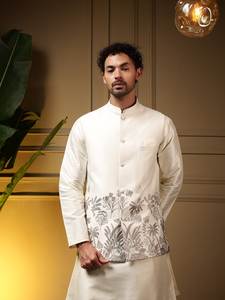 Setelan Kurta dan Celana Pria Bordir Daman Koti, Rompi dengan Payet Sutra Tebal, Kurta Sutra Slub, dan Celana Furing, Pakaian Pesta - Product Image 4