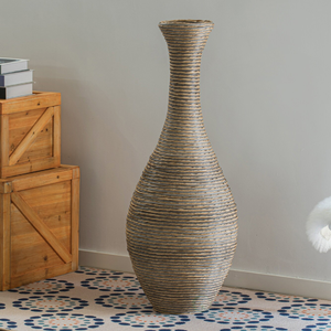 Set of two <b>small</b> patterned woven rattan <b>vases</b> with wide rims and round bodies, available at wholesale prices. - Product Image 5