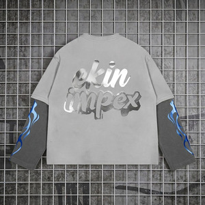 2027 Trendy Oversized Metallic Letter Print Long Sleeve T-<b>Shirt</b> Men Streetwear Hip Hop <b>Flame</b> Patchwork Baggy Fit Tee - Product Image 2