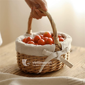 Panier de rangement en osier rond avec doublure en lin et nœud, panier artisanal durable pour le pain, les fruits et les œufs - Product Image 3