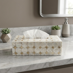 Boîte à mouchoirs artisanale en mosaïque de coquillages et de pièces d'or - Product Image 4
