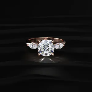 Bague solitaire florale ronde avec pierre marquise latérale, bague en diamant de laboratoire spéciale pour femmes, clarté D-E VVS-VS, certifiée IGI. - Product Image 1