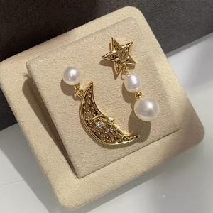 14K Gold Stake 2025 Baroque Style <b>Star</b> <b>Moon</b> Asymmetric Pearl <b>Earrings</b> European American Ins Same Style As Internet Celebrity - Product Image 2
