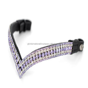 Banda de cejas de caballo de cuero en forma de V profunda personalizada con cinco filas de lavanda y cristales blancos banda de cejas de cadena de diamante para caballos - Product Image 4