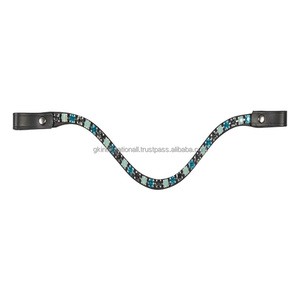 Diadema para caballo de cuero genuino de diseño en forma de U, de alta calidad, con una hilera de cristales de colores y cadena de metal. - Product Image 4