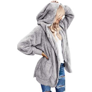 2025 <b>Women's</b> Open Front Fuzzy <b>Fleece</b> <b>Cardigan</b> Jacket Coat Outwear with Pockets and Hood - Product Image 3