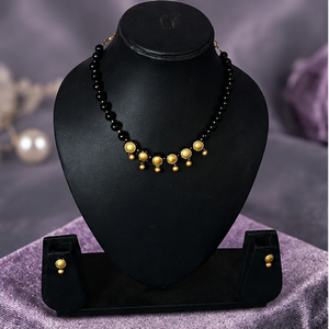 Gold Plated Brass Black Beaded Necklace and Stud Earring Set Classic Geometric Jewelry <b>Gift</b> for <b>Wedding</b> Party KOTTRAVAI - Product Image 1