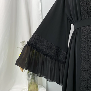 Abaya noire élégante pour femme avec appliques en Nida et ceinture, robe de modeste islamique en mousseline, mode Eid, abaya musulmane - Product Image 5