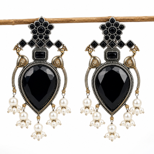 Wholesale Vintage Oxidized Antique Gold-Plated Drop Earrings Dual Tone Silver Gold Onyx Stone Wedding Gift Women Direct Factory - Product Image 4