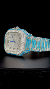 Montre à cadran arabe, couleur bleue fantaisie, entièrement sertie de diamants colorés, style Hip Hop, mouvement à quartz, automatique, entièrement sertie de diamants - Product Image 3