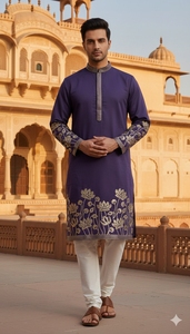 Ensemble Kurta Pyjama formel pour homme en soie de célébrité avec broderie dorée, séchage rapide, coupe classique, idéal pour les mariages et les soirées. - Product Image 5