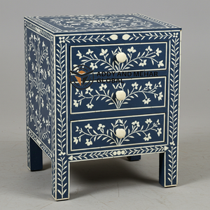 Mesa de Noche Artesanal Moderna y Ecológica con Incrustaciones de Hueso Azul, Diseño Floral, 2 Cajones, para una Vida de Lujo - Product Image 6