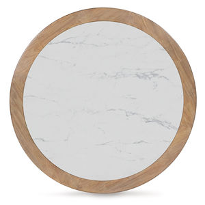 Table basse de luxe pour salon de villa, en bois d'acacia massif, forme ronde, motif linéaire, base sur piétement, plateau en marbre blanc - Product Image 6