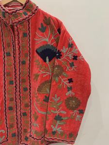 Ethnic Style Winter Jacket Velvet Suzani Embroidered Short Coat Festival Uzbek <b>Duster</b> Floral Outerwear Cotton Filling Material - Product Image 4