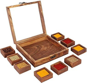 Wood <b>Masala</b> Spice <b>Box</b> With Compartments Wooden Spoon Dry Fruit Gift <b>Box</b> - Product Image 4