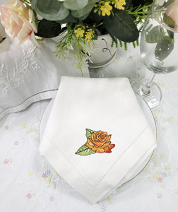 Wholesale Custom Embroidered Lovely Rose <b>Table</b> Napkins White <b>Linen</b> Hemstitch <b>Cloth</b> Napkins for Home Hotel and Wedding Events - Product Image 4