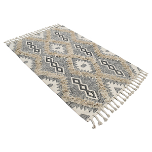 Tapis en laine tissé à la main beige crème à tissage plat avec motif losanges en relief, géométrique noir, style bohème, à franges, écologique et sans produits chimiques - Product Image 3