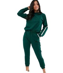 Conjunto Deportivo Verde para Mujer, Manga Larga, Color Sólido, Casual, con Bolsillos Laterales, Cintura con Cordón, Cuello Redondo, Corte Regular, para Otoño - Product Image 2