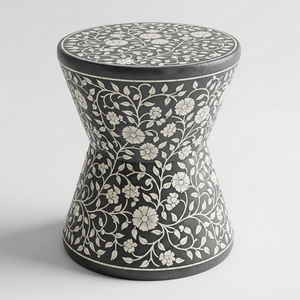 Table d'appoint ronde sculptée à motif floral noir, en os incrusté, faite à la main, pour la vente en gros - Product Image 1