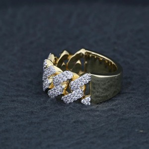 Iced Out Cuban Link Band <b>Ring</b> 14k Yellow Gold Pave Curb Chain <b>Ring</b> Lab Diamond Unisex Wedding <b>Statement</b> <b>Ring</b> - Product Image 4