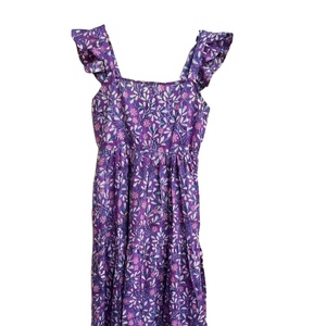 Robe d'été pour femme en coton lavable, imprimée à la main au motif floral violet, manches 3/4, taille naturelle - Product Image 1