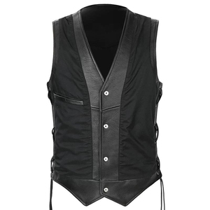 Men's <b>Black</b> PU Leather V-Neck Sleeveless <b>Vest</b> With Button Closure And Side Lacing Moto Biker Style Regular Fit Autumn Outerwear - Product Image 1