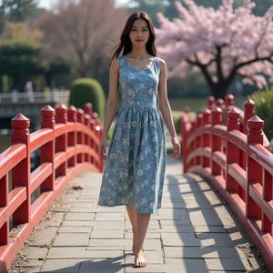 Vestido Midi de Algodón Transpirable, Dulce y Elegante para Mujer, Estampado Floral, Color Azul Polvo, Hecho a Mano en India, Silueta Fruncida - Product Image 1