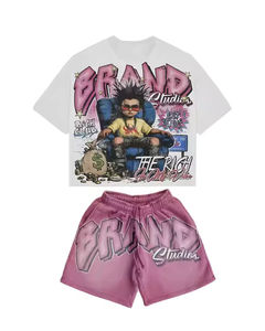 เสื้อยืดและกางเกงขาสั้นพิมพ์ลายซิลค์สกรีนทรงโอเวอร์ไซส์สุดฮิต สำหรับใส่ลำลองหรือสตรีทแวร์ ผ้าฝ้าย 100% คุณภาพพรีเมียม สำหรับทุกเพศ - Product Image 1