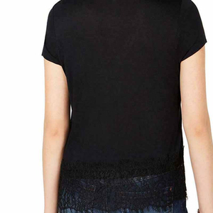 Camiseta de manga corta con cuello en V 100% algodón para mujer, personalizada, lisa, con estampado a cuadros, apliques, nueva, elegante y personalizada. - Product Image 4