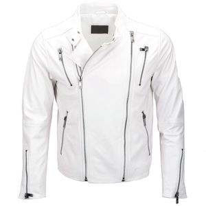 Chaqueta de Motociclista de Cuero PU Blanca para Hombre, de Primera Calidad, con Cuello Plegable, Cierre de Cremallera, Resistente al Viento, Estilo Moto Racer, OEM ODM - Product Image 1