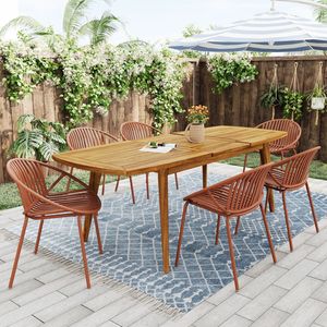7-Piece Modern Expandable Dining Set for Outdoor Orange & Teak <b>Stackable</b> <b>Chair</b> <b>Garden</b> Furniture Collection - Product Image 1