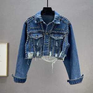 Veste en jean pour femme ornée de strass, qualité supérieure, prix abordable, coupe courte, effet vieilli, ourlet brut - Product Image 5