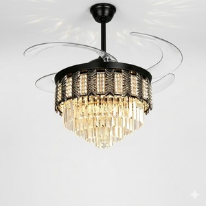 Modern Retractable Blade <b>LED</b> <b>Ceiling</b> Fan <b>Crystal</b> Chandelier Remote Control Luxury Invisible Silent Motor Gold <b>Lighting</b> Fixt - Product Image 1