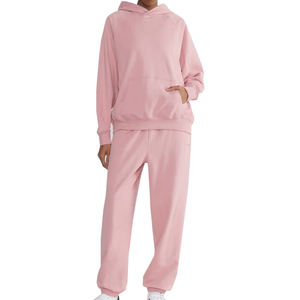 Conjunto de Sudadera con Capucha Rosa y Pantalones Deportivos para Mujer, Tejido Casual, Manga Larga, Color Sólido, Ropa de Otoño - Product Image 1