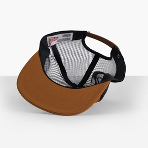 Gorra de malla unisex de 5 paneles personalizada OEM al por mayor, de alta calidad, transpirable, con visera plana, gris jaspeado, logotipo bordado en 3D y lazo de perlas. - Product Image 5